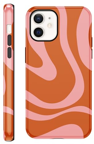 Knrlqim 2 in 1 für iPhone 12 Pro/iPhone 12 Hülle 6,1, Handyhülle Orange Linien Aesthetic Muster Motiv, Silikon Stoßfest Weiche Schutzhülle, Stoßfest Print Cover Case für iPhone 12/12 Pro, Rosa