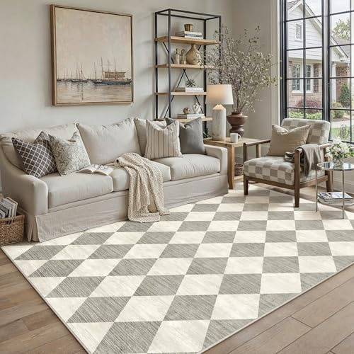 PureCozy Teppich 140x200cm Grau Waschbar Moderne Kariert | Moderner Karo Teppiche,Waschbar,Rutschfest,Weich,Kurzflor,für Wohnzimmer,Schlafzimmer,Esszimmer,Büro