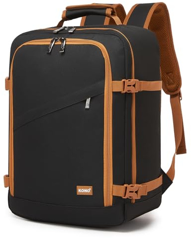 Kono Ryanair Handgepäck 40x30x20, Reiserucksack Untersitz, Schwarz/Braun | Kompaktes Format für den Platz unter dem Sitz, mit 180°-Öffnung, Organizerfach, Gepäckgurt und atmungsaktivem Rücken