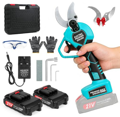 Electric Pruning Shears - Cordless Electric Scissors with 21V 2000mAh Rechargeable Batteries, SK5 Blade, 40mm Max Cut, Ideal Electric Secateurs for Professional Tree & Flower Trimming