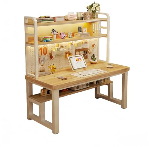 Home Office Bürotisch mit Stauraum-Wand, Großer Computertisch mit Regal & Pegboard, Schreibtisch H-Form Beine, Abgerundete Ecken, Weißes Gestell, 25 mm Starke Tischplatte(Natural,55.1in)