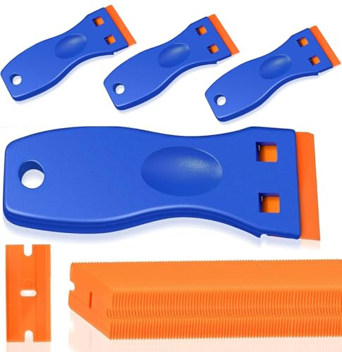 4Pcs Plastic Scraper with 50 Plastic Blades, Plastic Scraper Non-Scratch Scraper Tool Kit, Sticky Remover for Removing Lable, Glue, Decal in The Glass, Window, Floor, Car