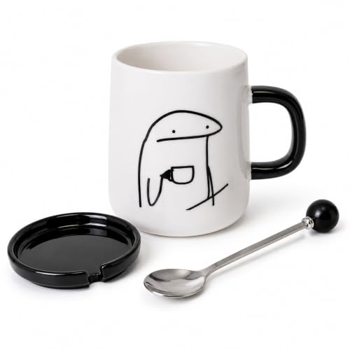 SUBLIX Ceramic Coffee Mug with Lid & Spoon, 350ml Cute Funny Minimalist Cartoon Mug, White Coffee Cup with Black Handle, Ceramic Tea Mug for Home & Office, Gift Box Included