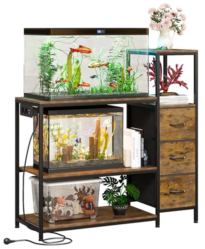 VEDECASA 20 Gallonen Aquariumständer, Aquarium Unterschrank mit Netzsteckdosen, Aquariumregal mit Rustikaler 3 Schubladen, 3-stöckiger Aquarium Tisch Für Aquarium, Reptilien & Terrarien