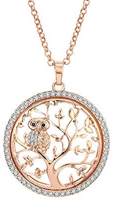 Ouran Fashion Halskette für Frauen, Baum des Lebens mit Eule Anhänger Halskette Mädchen CZ Kristall Halskette Lange Halskette Glänzende Strass Halskette (Roségold)