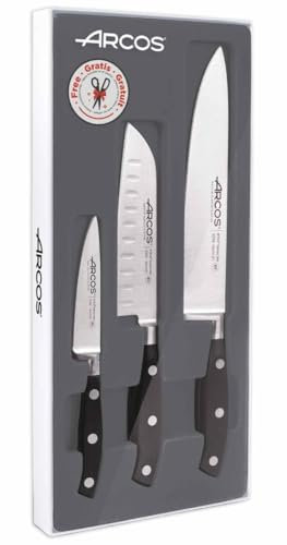 Arcos Messer-Set 3-teilig aus Nitrum Edelstahl - Geschmiedete Klingen, Ergonomischer Griff aus Polyoxymethylen, Dünne Klinge mit Wellenschliff - Schwarz, Serie Riviera