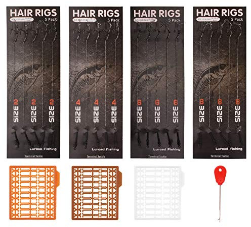 Luroad Carp Fishing Hair Rigs, 20 Pcs Handmade Ready Tied Barbed Hook Swivel Braided Thread line with 3 Boilie Bait Stops Dumbell Stoppers and Stringer Needle, Size 2 4 6 8