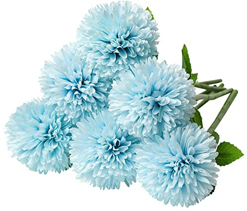 Tifuly Künstliche Hortensie Blumen, 11 Zoll Seide Pompon Chrysantheme Kugel Blumen für Hausgarten Party Büro Dekoration, Braut Hochzeitssträuße, Blumenschmuck, Mittelstücke (Blau-6 Stück)