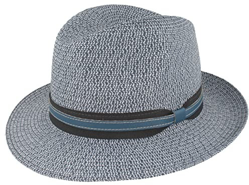 Strohhut Bogarthut Sommerhut Sonnenhut aus 100% Papier knautschbar mit Garnitur Besonders Leicht, Flexibel, Hautfreundlich Bequem Blau Mel. Kunstlederband, M