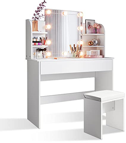 SONNI Schminktisch mit Hocker, LED-Beleuchtung, Hollywood Spiegel, Schubladen, Frisierkommode, Frisiertisch, Kosmetiktisch mit 3 Farben, 10 Glühbirnen, 10einstellbarer Helligkeit, Weiß, 108x40x140cm.