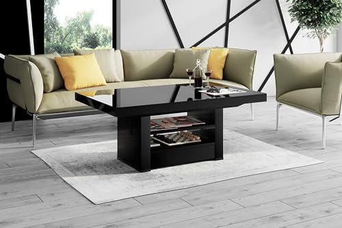 Design Couchtisch Tisch HLM-111 Schwarz Hochglanz Schublade höhenverstellbar ausziehbar