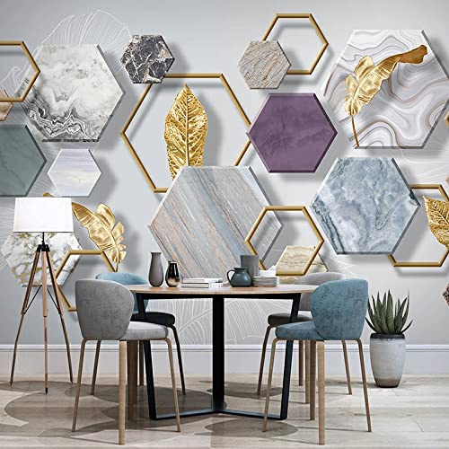 Yimesoy Personnalisé 3D Photo Papier Peint Peintures Murales Moderne Marbre Géométrique Feuilles D'Or Tv Fond Peinture Murale Salon Papier Peint Mural 430Cm(W)×300Cm(H)