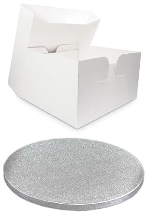 Single White Cake Box and Silver Round Board Pack - Thick Drum for Wedding, Party etc (9 Inches)