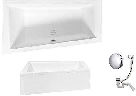 VBChome Badewanne 160x90 cm Acryl SET Schürze Siphon Wanne Ecke Eckbadewanne Weiß Design Modern Ablaufgarnitur Wanne links Schürze Ablaufgarnitur Füße