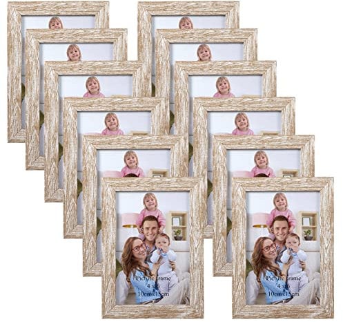 Giftgarden Bilderrahmen, 10 cm x 15 cm (4 x 6), Shabby-Chick-Look in Beige-Weiß, rustikale Holzmaserung, Set mit 12 Stück, Großpackung, für Wand oder als Tischaufsteller