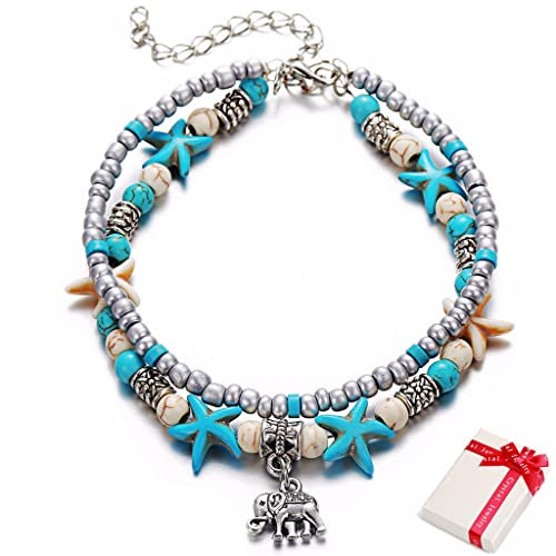 Ouceanwin Boho Türkis Fußkette Damen, Verstellbar Geschichtete Fußkettchen Elefant Anhänger Mehrschichtige Knöchel Schmuck Charm Sandstrand Fußschmuck Boho für Frauen Mädchen