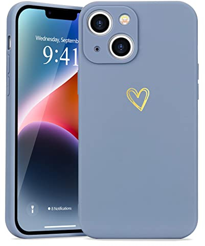 Wirvyuer for iPhone 14 Case with Cute Heart Pattern Soft Shockproof Protective Silicone Phone Case for Women Girls, Blue Grey