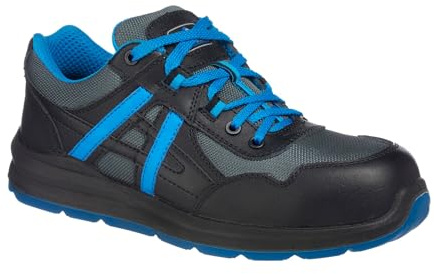 Portwest FT60 Compositelite Mersey Trainer S1P Metal Free Composite Toe Midsole Leather Textile Slip Oil Resistant Breathable Lightweight Footwear, Black/Blue,