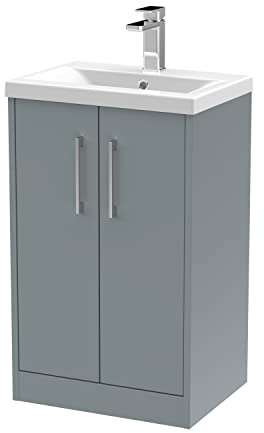 Hudson Reed JNU2301A Juno Modern Bathroom Floor Standing 2-Door Vanity with Mid-Edge Ceramic Basin, 500mm, Matt Coastal Grey
