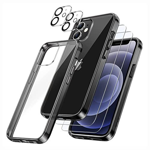 JETech 5 in 1 Case for iPhone 12 mini 5.4-Inch, with 2-Pack Screen Protector and 2-Pack Camera Lens Protector, Full Coverage Tempered Glass Film, Shockproof Bumper Phone Cover (Black)