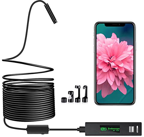 Wireless Endoscope, WiFi Borescope Inspection Camera 1200P HD Waterproof Snake Camera Pipe Drain with 8 Adjustable Led for Android & iOS Smartphone iPhone Samsung Tablet-16.4 ft (5M)