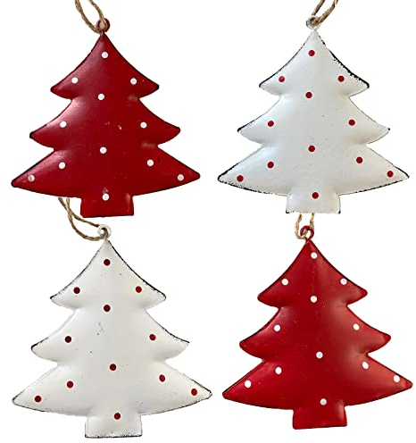 Tannenbaum Hänger Metall Dekotanne 4-Fach Sortiert Set rot weiß Anhänger Juteschnur