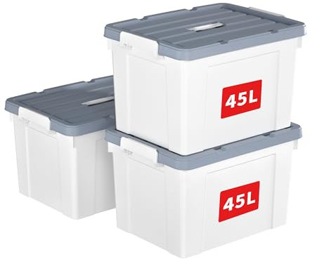 Cetomo 45L*3 Storage Boxes, Carry Plastic Storage Box with Lids, Organizing Container with Handle and Secure Latching Buckles, Stackable, Nestable, Tote Bin for Home Office Clothes, 45L-3Pack, White