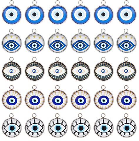 DICOSMETIC 30 Stück Leuchtender Glasauge Charm Blauer Böser Blick Charm Flacher Runder Charme Türkischer Schutz Charm Edelstahl Hamsa-Augen-Charm Für Die Schmuckherstellung, Bohrung: 1.6 mm
