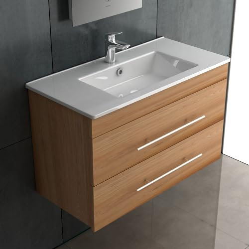 Alpenberger Waschbecken Badezimmer Waschtisch mit Unterschrank 80 cm Breit Hängend | Gäste WC Waschbecken mit Unterschrank Bad Möbel Modern Set | Kleiner Waschbeckenunterschrank Bambus Farbe