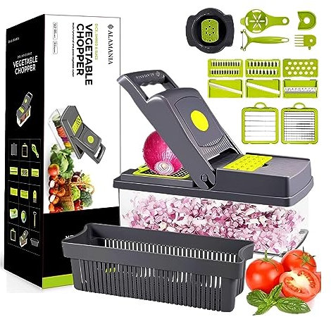 ALAMANIA Push Button Cleaner Advanced Vegetable Chopper, 14-in-1 Safe Chopper Cutter,Onion Chopper,Food Chopper,Vegetable Slicer,Kitchen Gadgets, Dicer, Transparent, Green, Black (PBVC01)