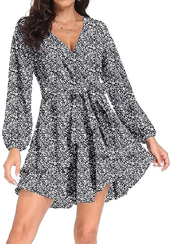 PCEAIIH Women's Cocktail Dresses Long Sleeve Empire Skater Dress Deep V-Neck Waist Tie Ruffle Mini Swing Dresses L Floral Black