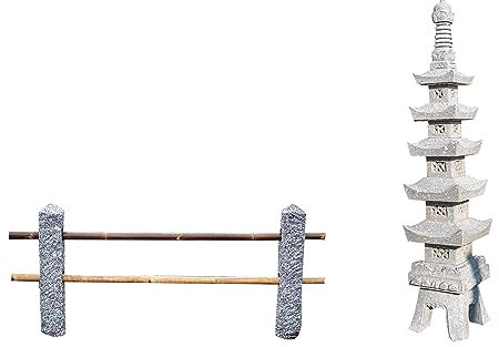 IDYL 2er Set | Steinlaterne aus Granit Pagoda 5stöckig ca. 200 cm + 2X Granit-Zaunpfahl mit zwei Bohrungen 8 cm | Höhe 90 cm Asiatische Dekoration | Zaun Garten & Terrasse + 2X Bambus Stangen