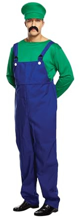 HENBRANDT Adult Men’s Green Super Plumber Fancy Dress Costume XL Retro 1980s Videogame Green and Blue Overalls Moustache Brothers Workman Dress Up Outfit One Size Extra Large Mens Fancy Dress Costume
