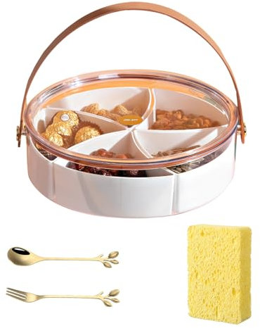 SAVEFORHO Vassoio da portata trasparente con coperchio e manico, contenitore per snack e salumi, portatile con 5 scomparti, vassoio per snack per caramelle, frutta, noci
