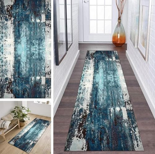 ZDYHMrj Läufer Teppich Lang Flur rutschfest Waschbar 80X250CM Küche Korridor TeppichLäufer für Flur Vintage Blau Schlafzimmer Wohnzimmer Polyester Teppichmatte Dauerhaft, Anpassbar Küchenteppich