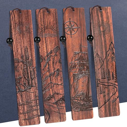 4Pcs Wood Bookmark for Men,Adventure Wooden Carving Book Mark Vintage Bookmark Gift for Men Book Lovers Birthday Present Students Teachers Appreciation