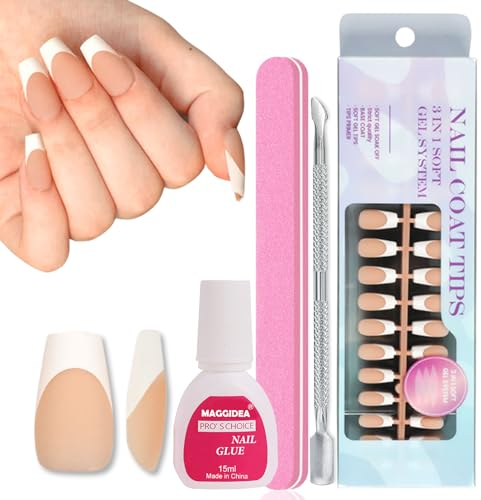Maggidea French False Nails Kit - 300Pcs Press On Nails Short Coffin Ballerina False Nails With Glue Soft Gel 15 Sizes X-coat Tips Stick On Nails White Tip