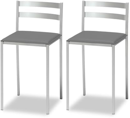 ASTIMESA 2 Taburetes de Cocina con Respaldo bajo, Franjas horizontales y Asiento tapizado - Estructura Color Aluminio - Asiento en Polipiel Grafito