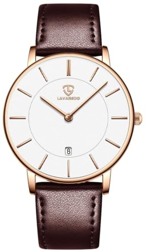 aswan watch Flache Damen Analog Quarz Armbanduhr mit Lederarmband, Datum, 2 Zeiger, 39 mm Gehäusegröße