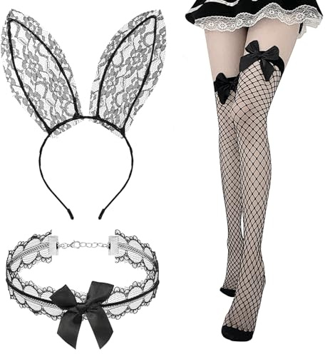 XEPST Ensemble d'Accessoire de Lapin Cosplay Femme Kit Costumes d'Accessoires de Bunny Ears Oreilles de Lapin Serre-tête Chaussettes Hautes Montantes Femme Chokers Colliers Dentelle de Lapin Costume