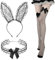 XEPST Sexy Bunny Kostüm Frauen HasenKostüm Damen mit Spitze Hasenohren Fischernetz Kniestrümpfe Bogen Strümpfe Schwarz Choker Halskette Hasen Kostüm Für Erwachsene Ostern Party Karneval