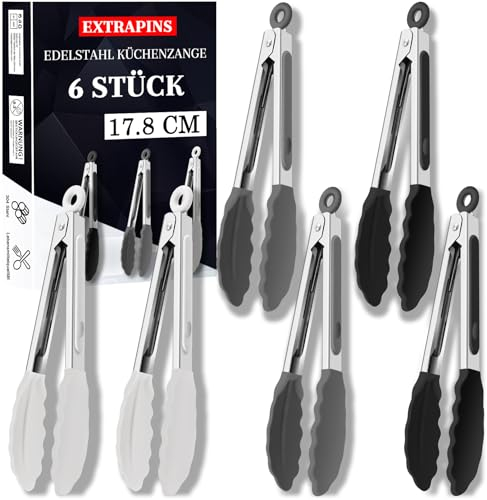 EXTRAPINS 6 Stück Silikonzangen Set,Edelstahl-Küchenzange,Mini Grillzange mit Silikon-Gummigriff,Hitzebeständige Kochzange,ideal zum Kochen, Grillen,Buffet,17,8 cm, Schwarz, Weiß, Grau