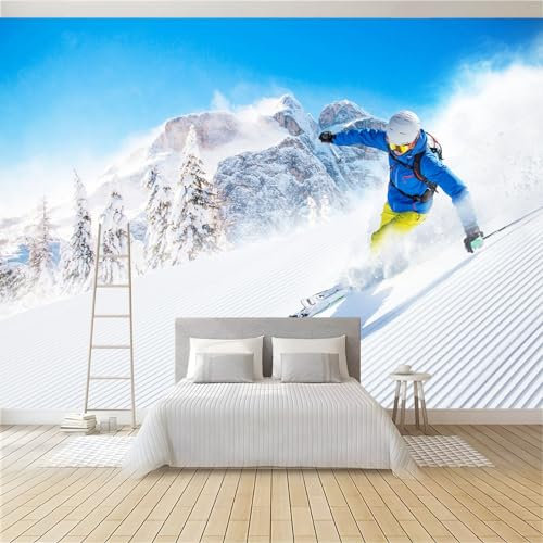 Fototapete Skifahren Im Schnee 250 x 175 cm Wandtapete, Vliestapete Fotoposter Wandbild, Moderne Wanddeko, für Schlafzimmer Wohnzimmer Kinderzimmer, Panorama 3D Effekt