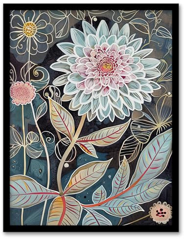 Artery8 Dahlia Flowers Artwork Dark Enchanted Floral Living Room Art Print Framed Poster Wall Decor 12x16 inch