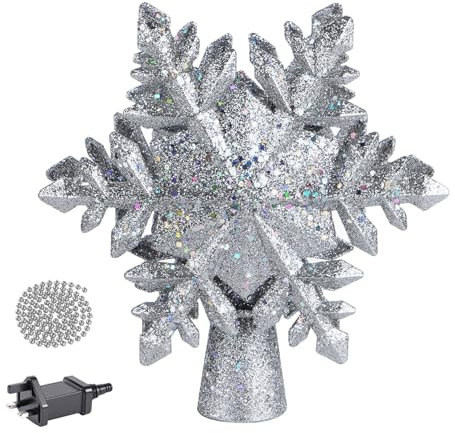 Sliver Christmas Tree Topper, 23cm Projector Light Star Tree Topper for Christmas Decoration, Snowflake Light Decorations with Rotating LED Adjustable, Xmas Tree Topper Gift for Xmas Decor