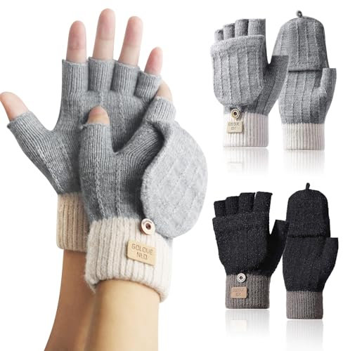 Saier tbo Thermo-Fäustlinge für den Winter, warm, gestrickt, Halbfinger-Handschuhe mit umwandelbarer Fäustlingabdeckung für Damen und Mädchen, Laufen, Radfahren, Fahren, Skifahren, Büro, schwarz /