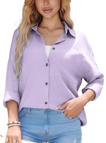Stamain Womens Blouse Button Down Casual Lilac Shirts for Women Cotton Blouses Long Sleeve V Neck Ladies Summer Shirt Loose Work Tops with Pocket XL