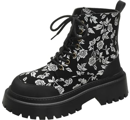 Plateau Stiefeletten Damen Gothic - Springerstiefel Mit Blockabsatz Profilsohle Rockig Biker-Boots Kurzschaft Schnürstiefel Blumenmuster Ankle-Boots Vintage Knöchelschuhe Freizeitschuhe