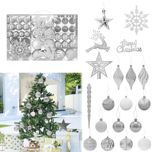 UISEBRT 108 Stück Weihnachtsbaumschmuck, Glitzerkugeln aus Kunststoff für Drinnen und Draußen, Weihnachtskugeln mit 4 Texturen, Lackiert, Matt Weiß, Matt und Glänzend, Weihnachtsbaumkugeln - Silber
