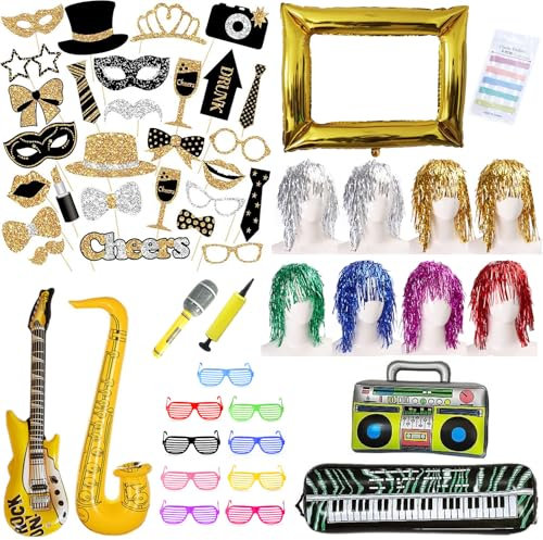 75 Stück Party Deko Fotobox Accessoires,Aufblasbar Musik Party Zubehör,Foto Requisiten,Perücken,Party Dekoration für Hochzeit,Halloween,Weihnachten,Tischdeko Geburtstag,Karneval,Silvester Deko